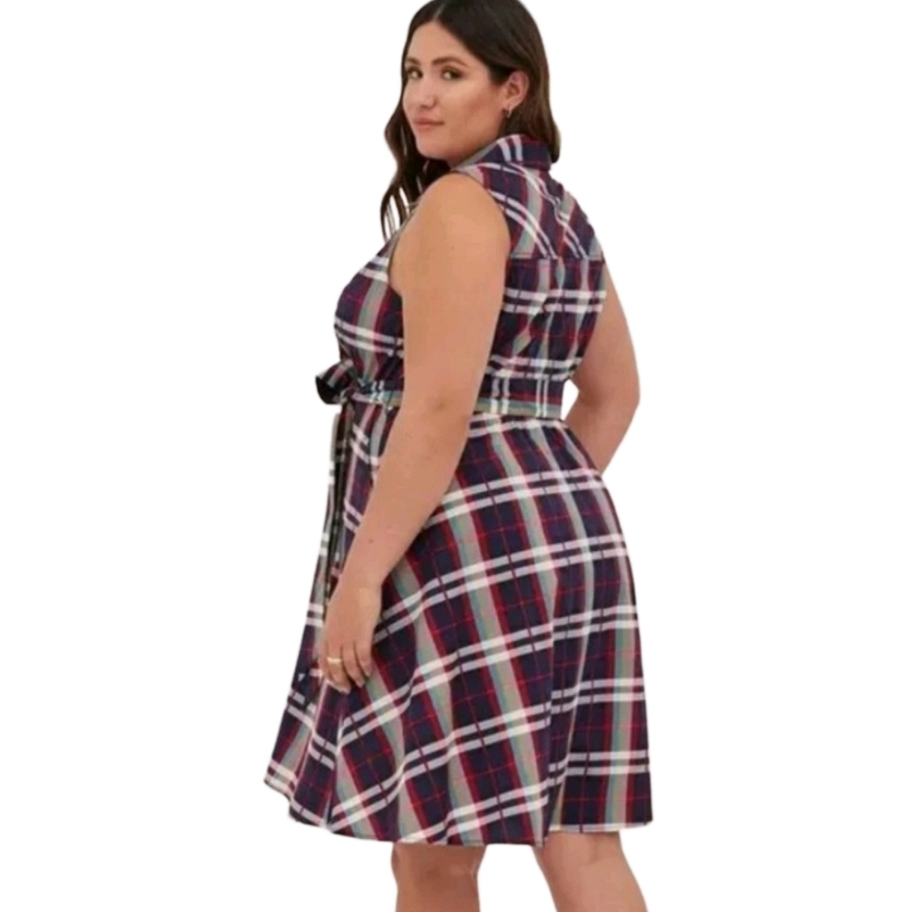 Torrid Womens Plus Size 4 Plaid Sleeveless Button Front Belted Shirt Dress Navy - Picture 6 of 9